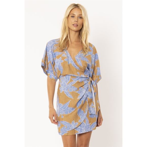 Amuse Society Dresses & Skirts - Amuse Society Mala Short Sleeve Floral Woven Linen Dress in Sunrise Size Large